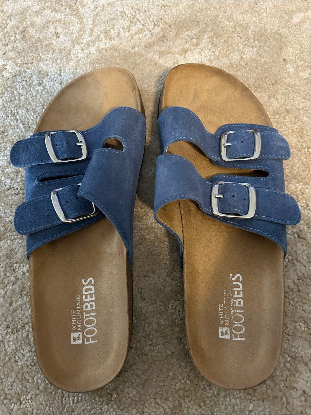 Blue suede shoes! Sandals. Slip on. Leather on top w/ cork sole & rubber bottoms